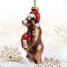 Load image into Gallery viewer, Grizzly Bear with Santa Hat and Gift Glass Christmas Ornament
