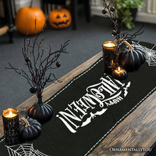Carregar imagem no visualizador da galeria, Haunted Horrors 72&quot; Table Runner, Jacquard Halloween Home Black Tablecloth Decoration with Pumpkins and Spiderwebs

