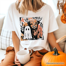Load image into Gallery viewer, Highland Cow Ghost Fall T-Shirt, Spooky Season Halloween Tee
