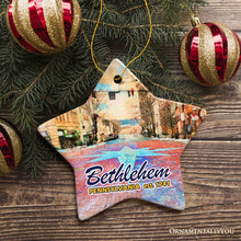 Cargar imagen en el visor de la galería, Historical Bethlehem City Ceramic Ornament, Pennsylvania Travel Christmas Keepsake

