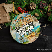 Carregar imagem no visualizador da galeria, Illustrated Tropical Dominican Republic Ceramic Ornament, Caribbean Travel Souvenir and Christmas Gift
