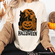 Load image into Gallery viewer, Long Live Halloween T-Shirt, Retro Black Cat Pumpkin Tee for Horror Fans
