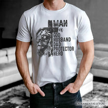 Carregar imagem no visualizador da galeria, Man of God Lion Cross T-Shirt, White Tee for Faithful and Christian Fathers
