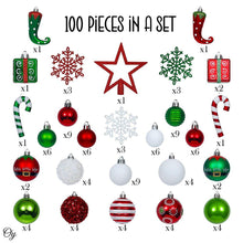 Load image into Gallery viewer, Mega Elf Christmas Ornament Bundle Set, 100 Assorted Baubles of Greens, Reds, Candycanes, and Gift Boxes
