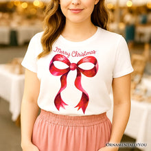 Carregar imagem no visualizador da galeria, Merry Christmas Red Coquette Bow T‑Shirt, Minimalist Holiday Ribbon Tee for Festive Season
