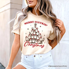 Carregar imagem no visualizador da galeria, Merry Cluckin' Christmas Tree T‑Shirt, Funny Santa Hat Chicken Farmhouse Tee
