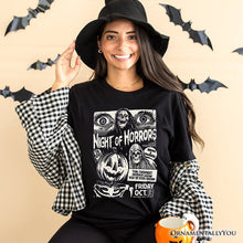 Load image into Gallery viewer, Night of Horrors Retro Halloween T-Shirt, Vintage Poster Tee for Spooky Season Fans
