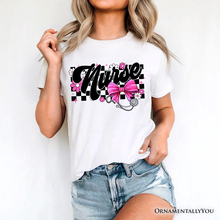Cargar imagen en el visor de la galería, Nurse Floral Coquette Pink Bow T-Shirt, Retro Stethoscope Checkered Tee
