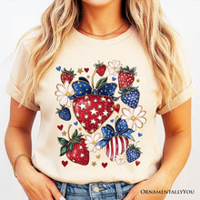 Carregar imagem no visualizador da galeria, Patriotic Boho Strawberries Bouquet T-Shirt, 4th of July Festive Patch Tee
