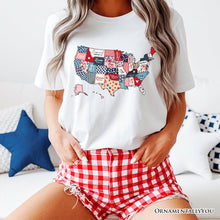 Carregar imagem no visualizador da galeria, Patriotic Patchwork USA T-Shirt, Quilted Map Tee for Americana Fans

