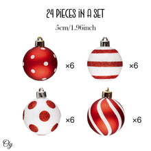 Carregar imagem no visualizador da galeria, Polka Dot and Candycane Color Style Ornament Ball Bundle, Set of 24 Red and White Patterned Christmas Baubles
