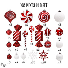 Carregar imagem no visualizador da galeria, Premium Christmas Candy Red and White Large Ornament Set, Candycane Color 108 Piece Bauble Bundle
