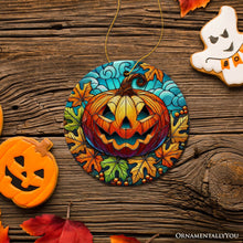 Carregar imagem no visualizador da galeria, Pumpkin Spice and Crispy Leaves Stained Glass Style Ceramic Ornament, Halloween Themed Christmas Gift and Decor
