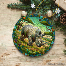Carregar imagem no visualizador da galeria, Rhinoceros Realm Expedition Stained Glass Style Ceramic Ornament, African Animals Christmas Gift and Decor
