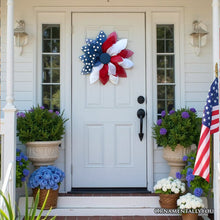 Carregar imagem no visualizador da galeria, Rustic Burlap Patriotic 22" Wreath, American Flag Style 4th of July Front Door Home Decor
