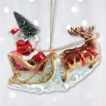 Load image into Gallery viewer, Santa Sleigh and Reindeer Elegant Christmas Ornament, Holiday Blown Glass Figurine
