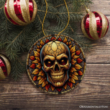Carregar imagem no visualizador da galeria, Spine-Chilling Haunting Skull Stained Glass Style Ceramic Ornament, Halloween Themed Christmas Gift and Decor
