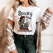 Cargar imagen en el visor de la galería, Spooky Mama Skeleton Halloween T-Shirt, Momster Retro Checkered Tee With Boo Vibes
