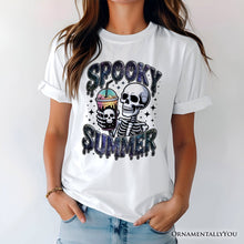 Load image into Gallery viewer, Spooky Summer Skeleton T-Shirt, Snarky Halloween Tee for Coffee and Horror Fanatics
