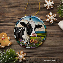 Carregar imagem no visualizador da galeria, Stained Glass Bucolic Farm Cow Scene in the Pasture Ornament
