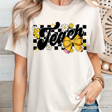 Load image into Gallery viewer, Teach Checkered Coquette Bow T-Shirt, White and Natural Retro Tee for Trendy Teachers
