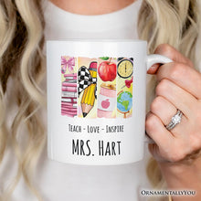 Carregar imagem no visualizador da galeria, Teach Love Inspire Personalized Mug, Watercolor Teacher Gift with Custom Name
