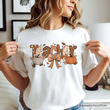 Load image into Gallery viewer, Teacher Coquette Autumn T-Shirt, Cozy Fall Pumpkin Tee for Educators
