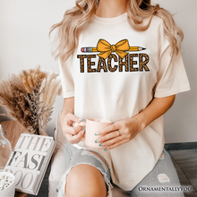 Load image into Gallery viewer, Teacher Leopard Pencil T-Shirt, Coquette Bow Retro Classroom Tee for Educators

