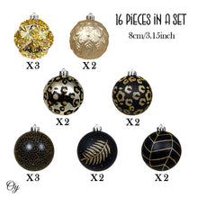 Load image into Gallery viewer, Vogue Black and Gold Ornament Set, Stylish Tree Set of 16 Glittery Baubles
