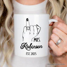 Carregar imagem no visualizador da galeria, Wedding Ring Finger Mrs Personalized Mug, Married Engaged Gift For Women With Custom Name
