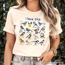 Load image into Gallery viewer, Whimsical Bird Tit T-Shirt, Funny Birdwatcher Tee Gift for Birder

