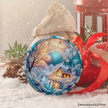Carregar imagem no visualizador da galeria, Magical Winter Lake Cabin Ceramic Christmas Ornament, Stained Glass Theme Tree Decor
