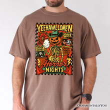 Cargar imagen en el visor de la galería, Yee Haw Halloween Retro Pumpkin Skeleton T-Shirt, Spooky Country Western Tee for Fall
