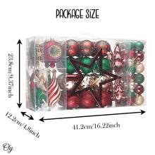 Load image into Gallery viewer, Alluring Large Christmas Ornament Set, Unique Red Green and Gold Baubles, 92 Charms and Snow Covered Trees with Dark Red Tree Topper
