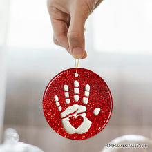 Carregar imagem no visualizador da galeria, Baby Handprint in Red Glitter Themed Ornament, Christmas Nursery Keepsake and Tree Decor

