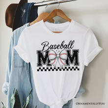 Load image into Gallery viewer, Baseball Mom Coquette Bow Retro T-Shirt, Stylish Game Day White Tee for Trendy and Proud Sports Mothers
