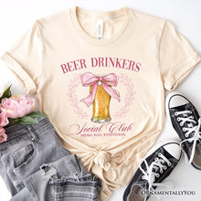 Load image into Gallery viewer, Beer Drinkers Social Club T-Shirt, Coquette Pink Bow Tee for Girly Summer Bachelorette Vibes
