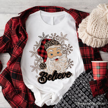 Cargar imagen en el visor de la galería, Believe Santa Buffalo Plaid T‑Shirt, Retro Christmas Tee
