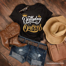 Carregar imagem no visualizador da galeria, Birthday Queen T-Shirt, Black Glam Party Tee for Stylish Women
