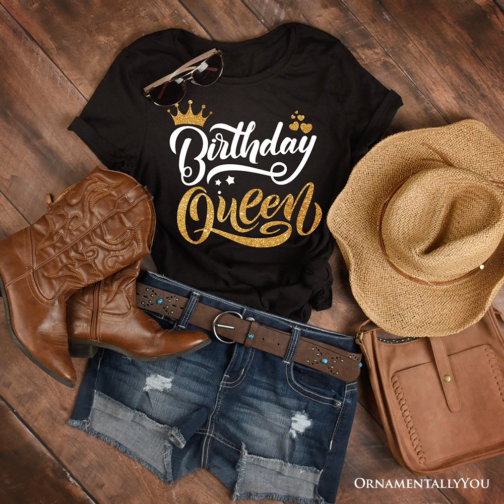 Birthday Queen T-Shirt, Black Glam Party Tee for Stylish Women