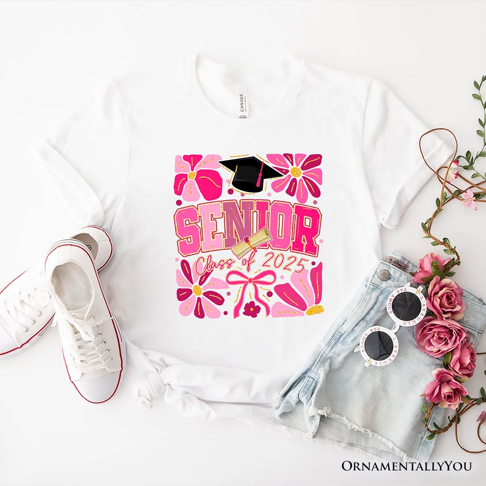 Boho Senior 2025 T-Shirt, Pink Floral Graduation White Tee for Proud and Stylish Students