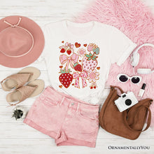 Carregar imagem no visualizador da galeria, Boho Strawberry Coquette T-Shirt, Cute Bow and Floral White and Natural Tee for Sweet and Stylish Women
