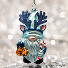 Cargar imagen en el visor de la galería, Charming Blue Gnome with Antlers Glass Christmas Ornament
