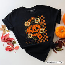 Cargar imagen en el visor de la galería, Checkered Floral Pumpkin T-Shirt, Retro Preppy Halloween Tee for Spooky Season Vibes
