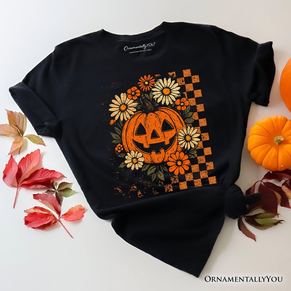 Checkered Floral Pumpkin T-Shirt, Retro Preppy Halloween Tee for Spooky Season Vibes
