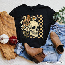 Cargar imagen en el visor de la galería, Checkered Floral Skeleton T-Shirt, Vintage Skull Daisy Halloween Tee
