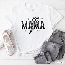 Cargar imagen en el visor de la galería, Checkered Lightning Bolt Mama Tee, Vintage Retro Black and White Tee for Energetic Moms
