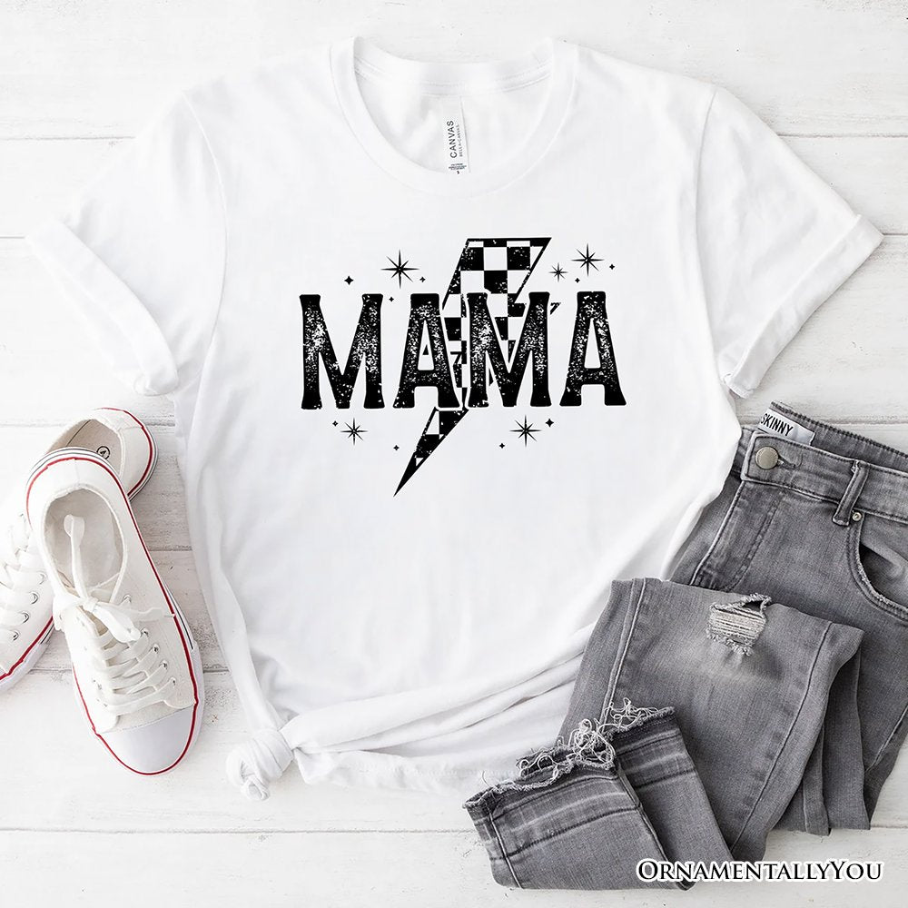 Checkered Lightning Bolt Mama Tee, Vintage Retro Black and White Tee for Energetic Moms
