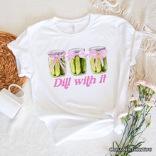 Carregar imagem no visualizador da galeria, Coquette Dill With It Funny T-Shirt, Pink Bow Pickle Lover White Tee for Cute and Quirky Style Fans
