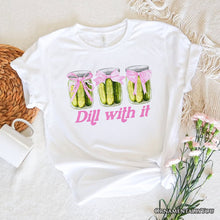 Carregar imagem no visualizador da galeria, Coquette Dill With It Funny T-Shirt, Pink Bow Pickle Lover White Tee for Cute and Quirky Style Fans

